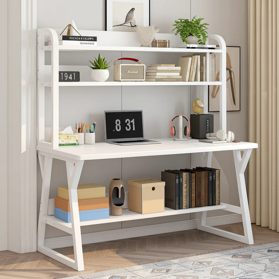 Aspire Large Industrial Office Computer Desk Workstation with Bookshelf (White) - Image 13