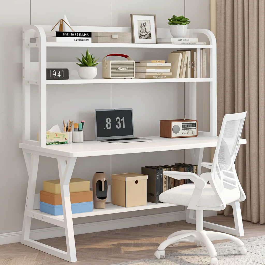 Aspire Large Industrial Office Computer Desk Workstation with Bookshelf (White) - Image 14