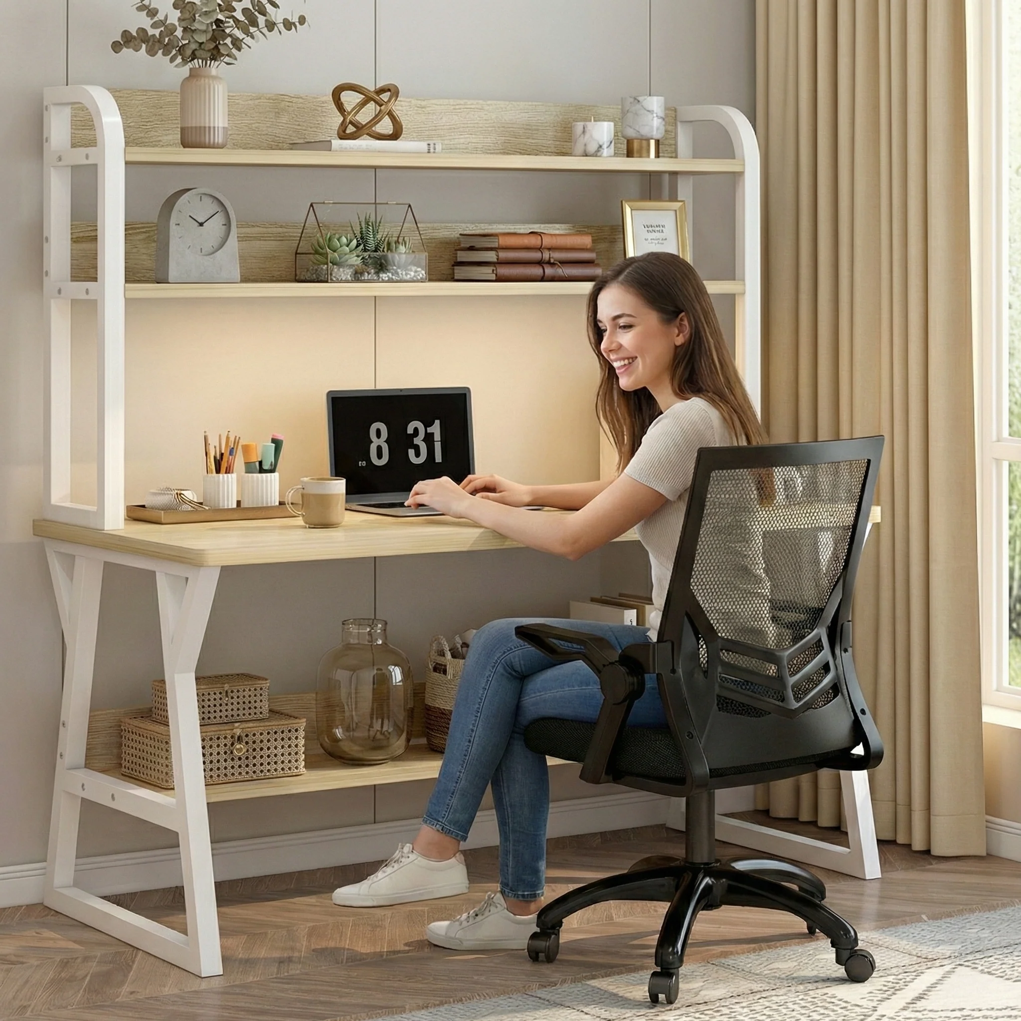 Aspire Large Industrial Office Computer Desk Workstation with Bookshelf (White Oak) - Image 3