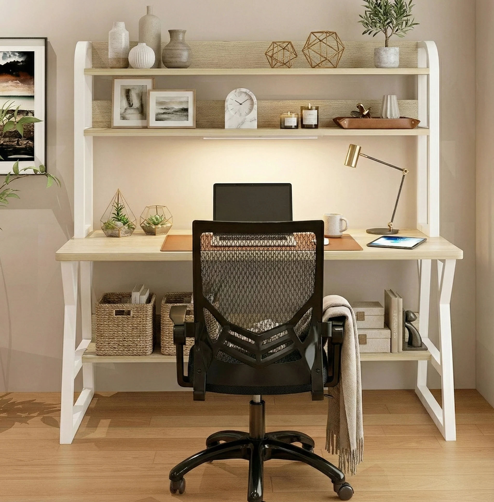 Aspire Large Industrial Office Computer Desk Workstation with Bookshelf (White Oak) - Image 6