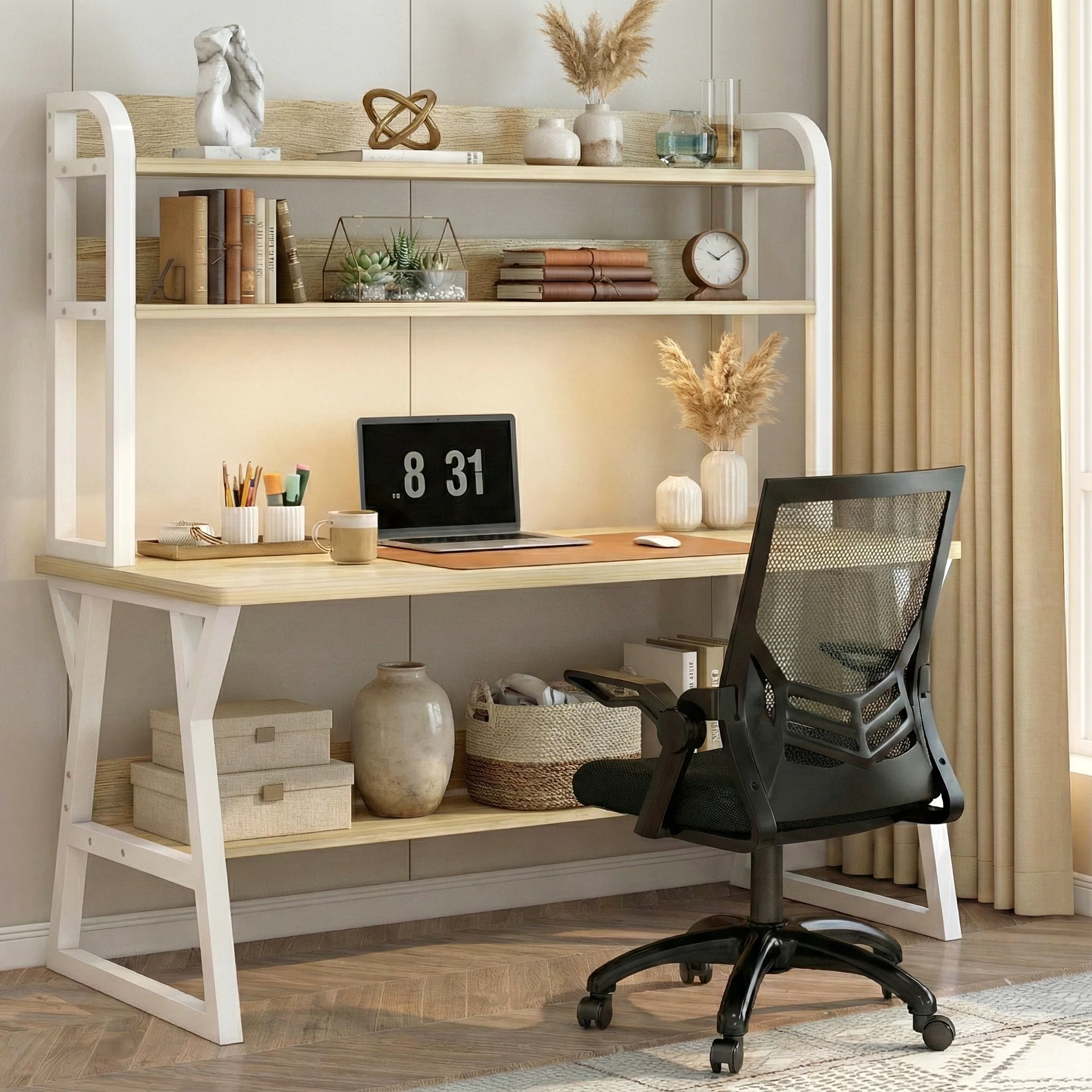 Aspire Large Industrial Office Computer Desk Workstation with Bookshelf (White Oak) - Image 8