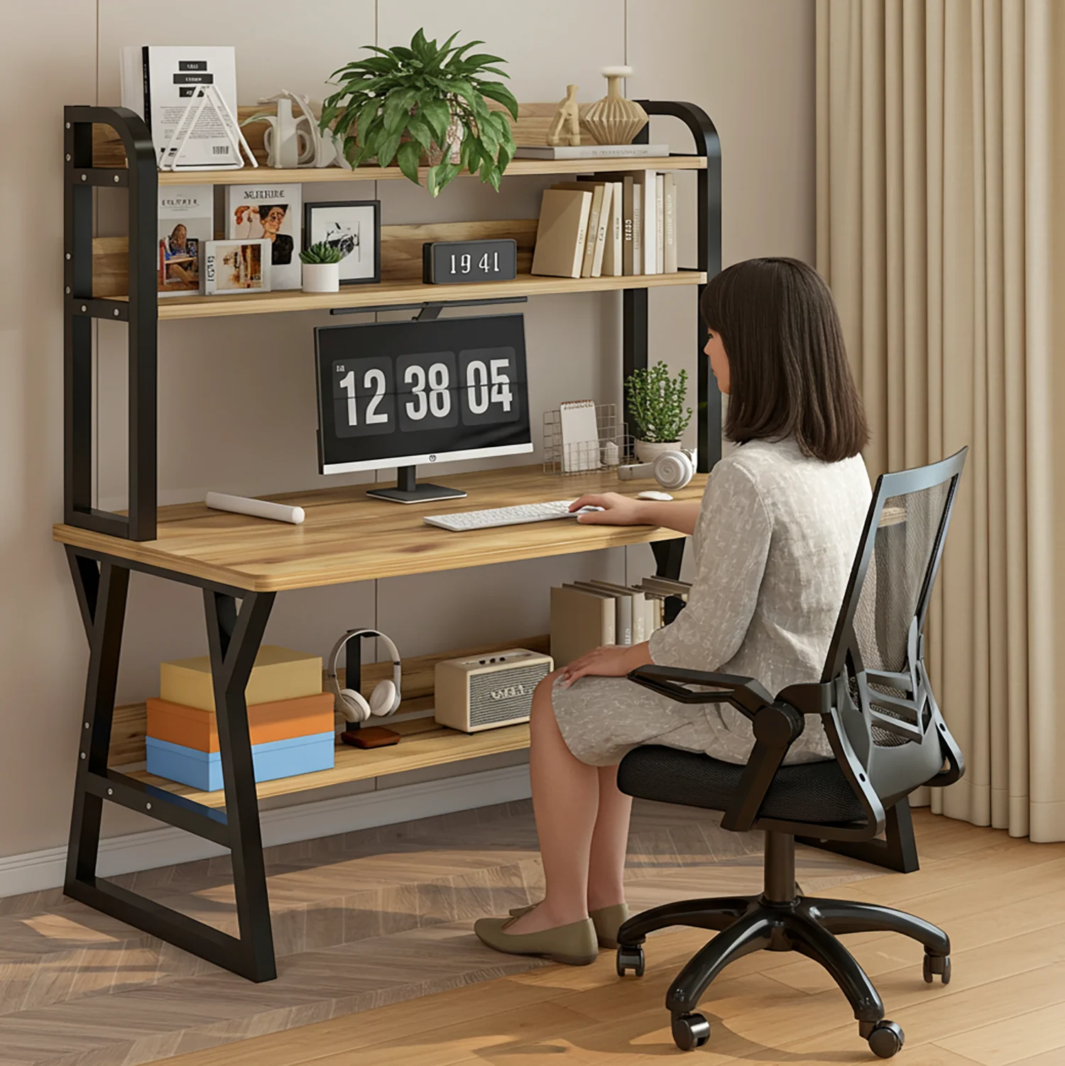 Aspire Large Industrial Office Computer Desk Workstation with Bookshelf (Oak) - Image 12