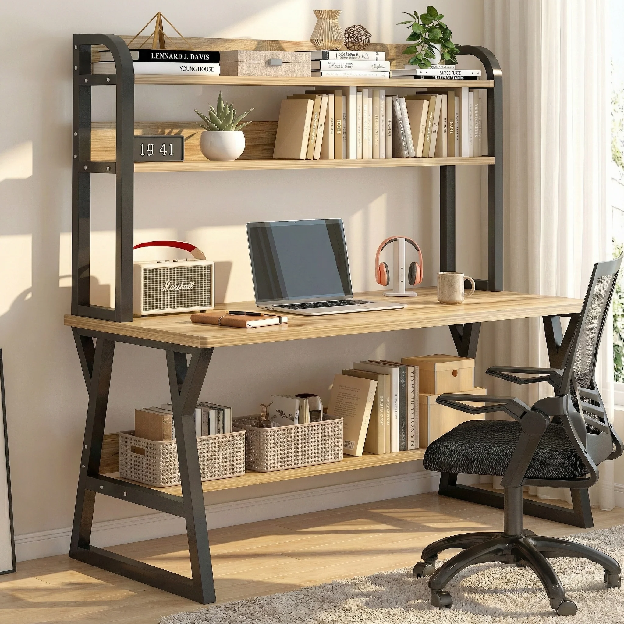 Aspire Large Industrial Office Computer Desk Workstation with Bookshelf (Oak) - Image 13