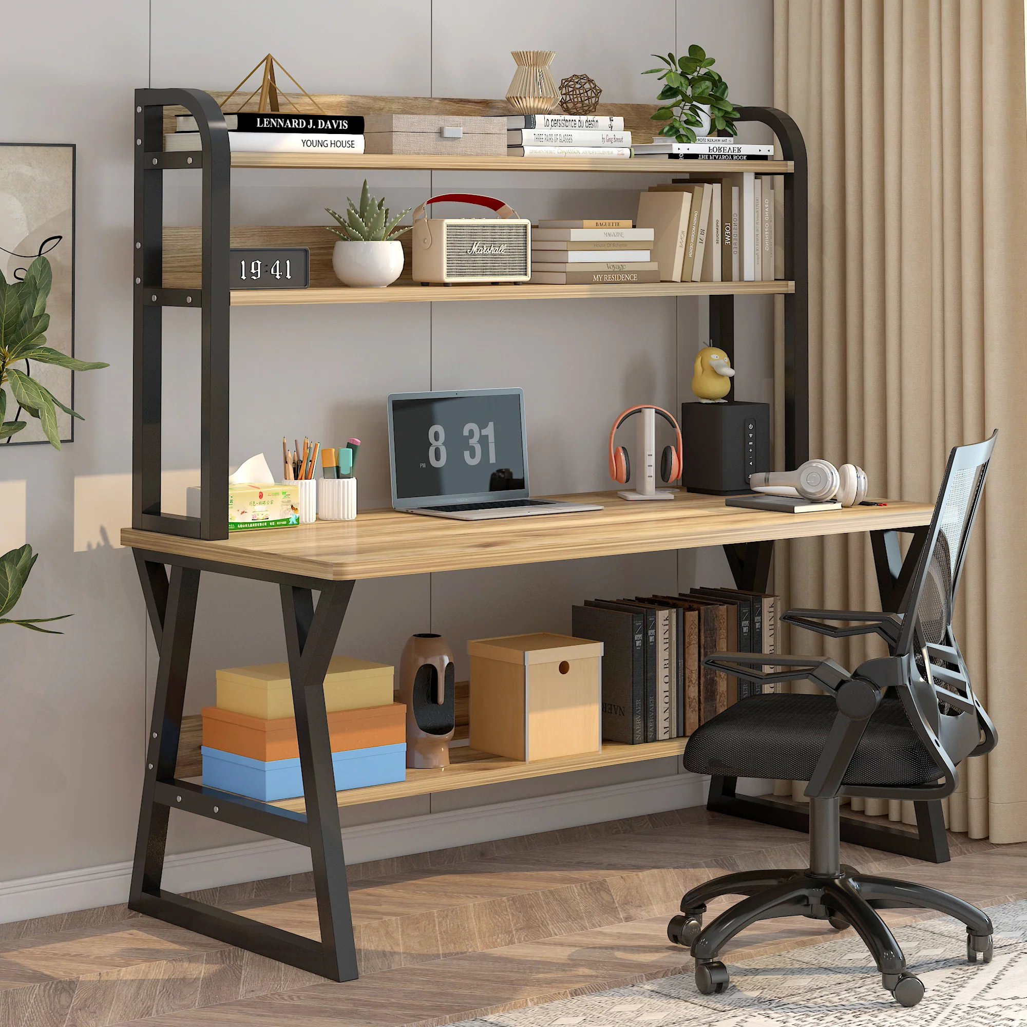 Aspire Large Industrial Office Computer Desk Workstation with Bookshelf (Oak) - Image 14