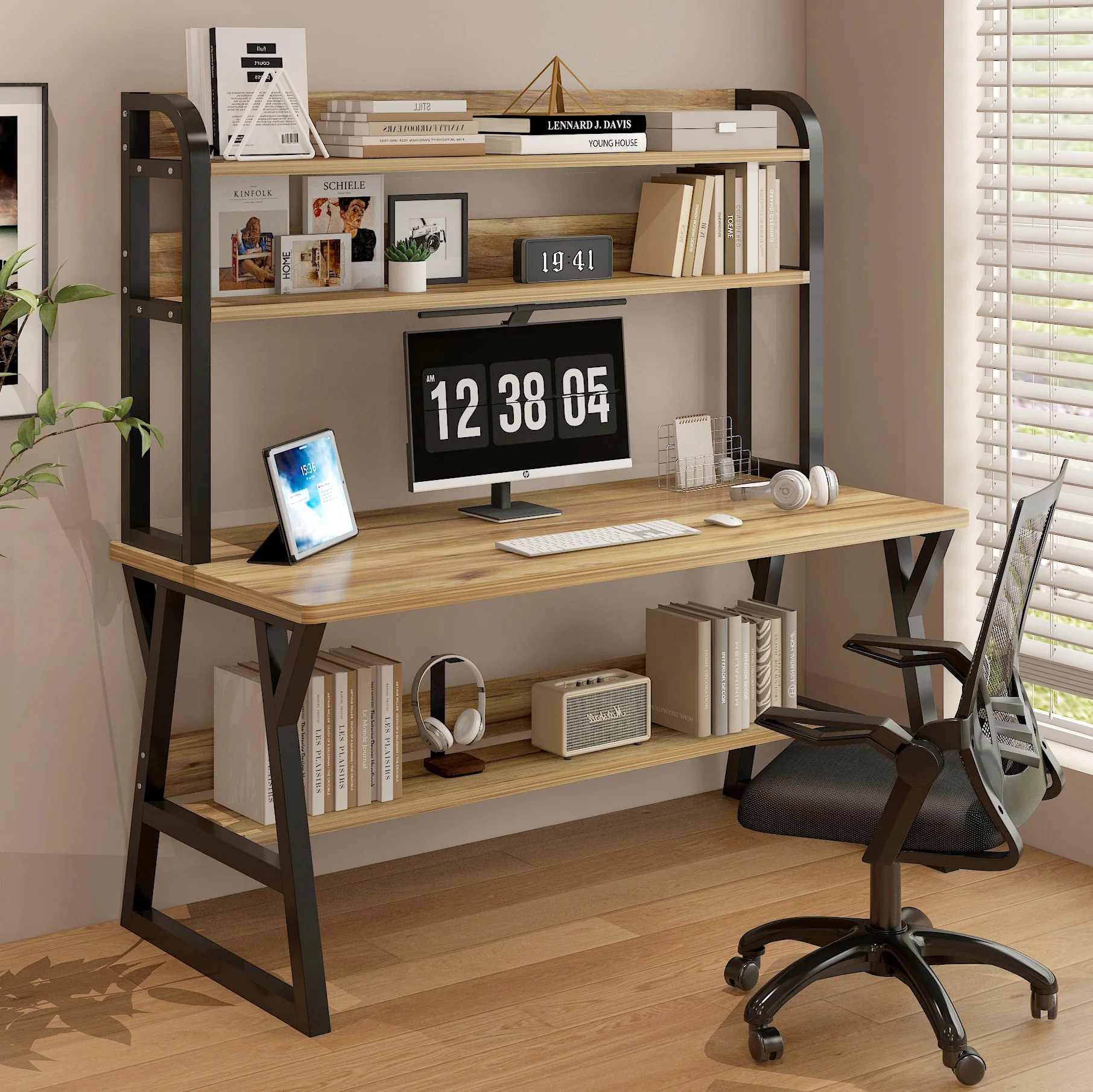 Aspire Large Industrial Office Computer Desk Workstation with Bookshelf (Oak) - Image 2