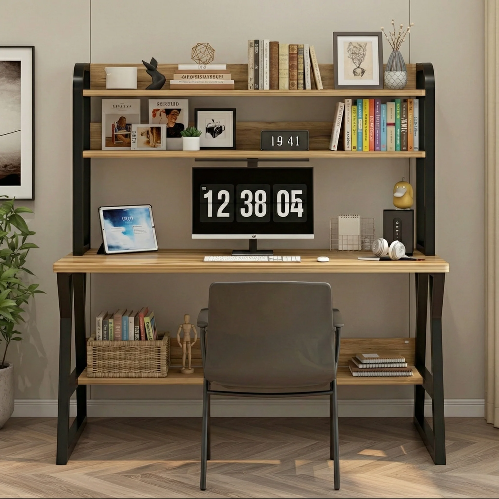 Aspire Large Industrial Office Computer Desk Workstation with Bookshelf (Oak) - Image 6