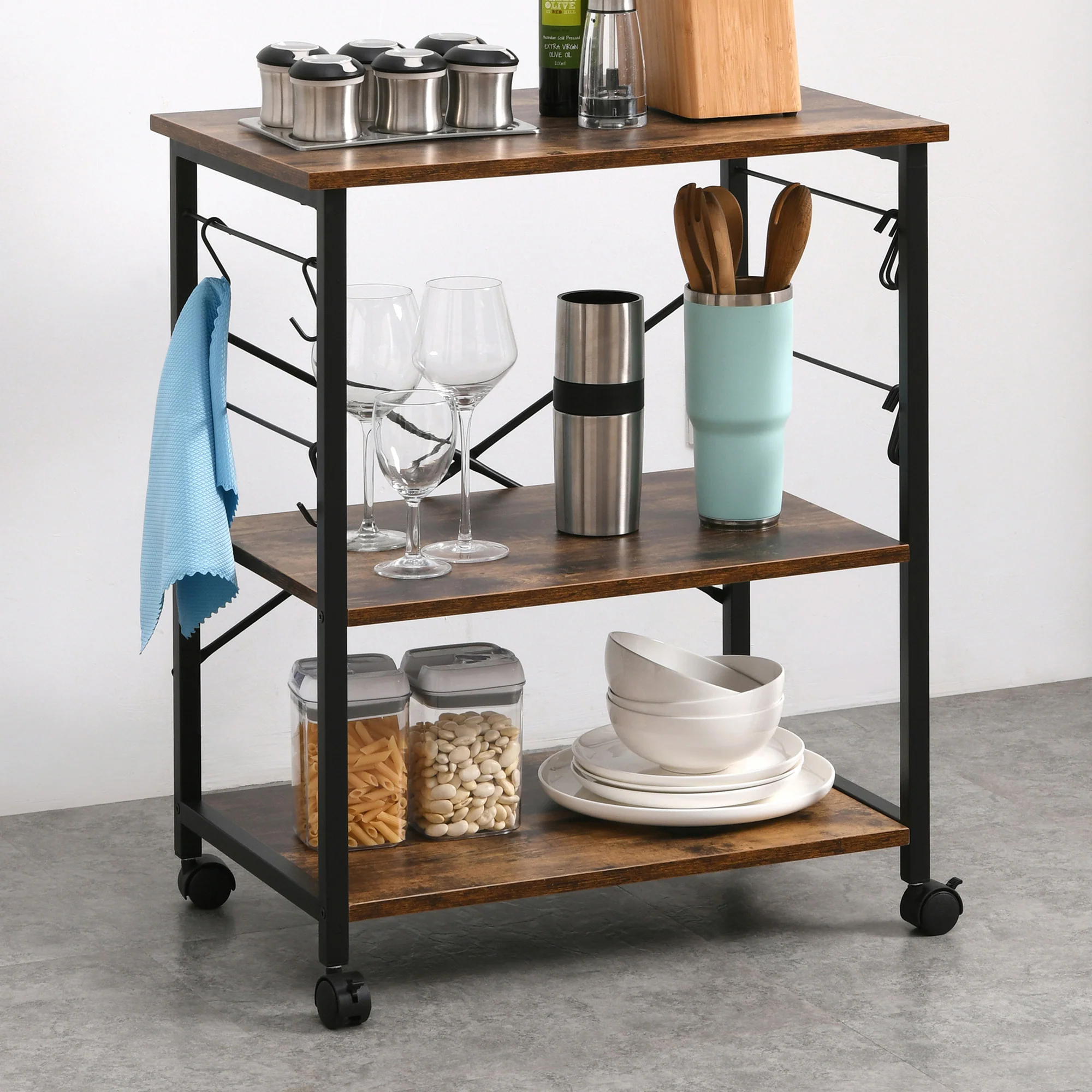 Atlas Rustic Wood & Steel Multipurpose Utility Cart Storage Shelf Kitchen Trolley - Image 7