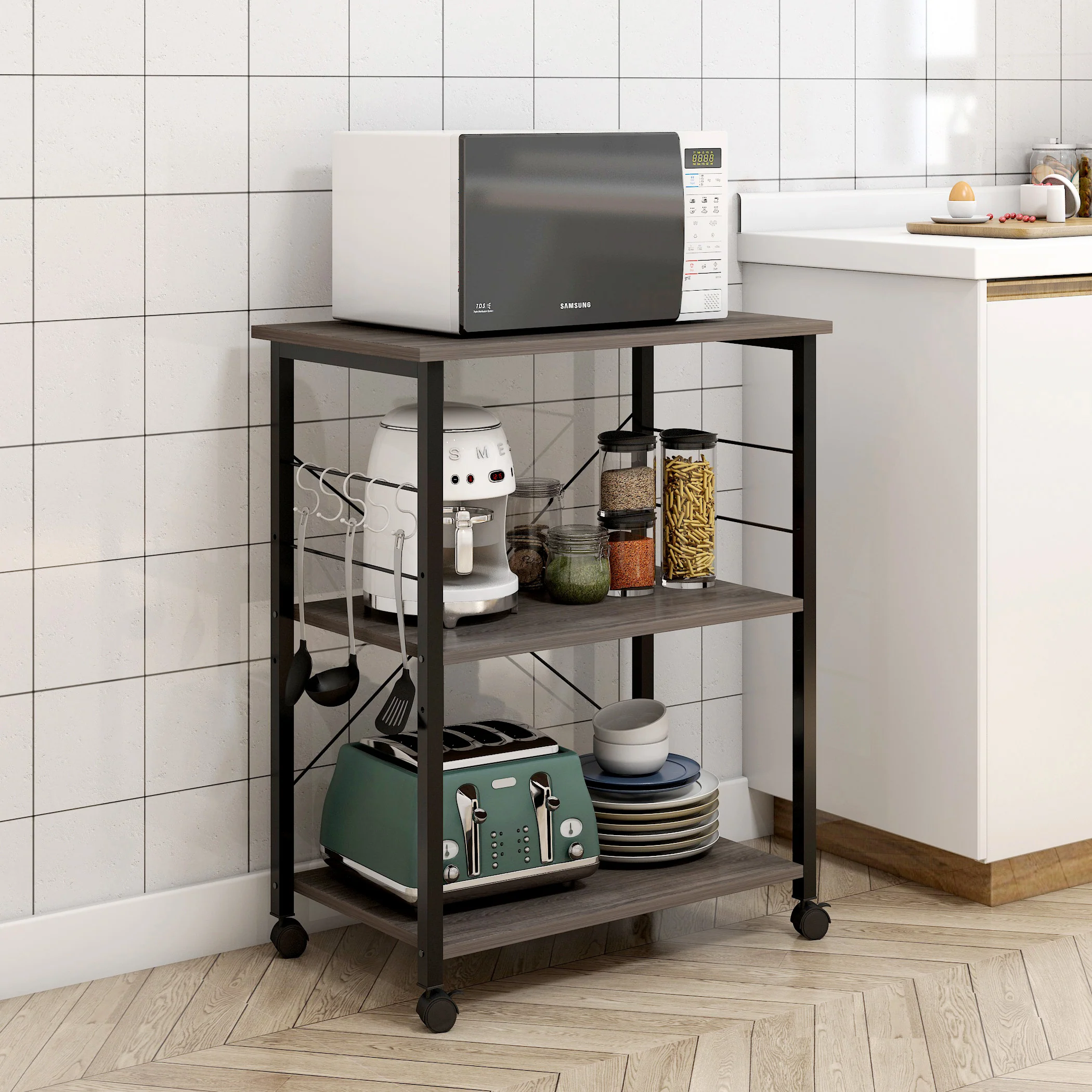 Atlas Wood & Steel Multipurpose Utility Cart Storage Shelf Kitchen Trolley (Grey) - Image 5