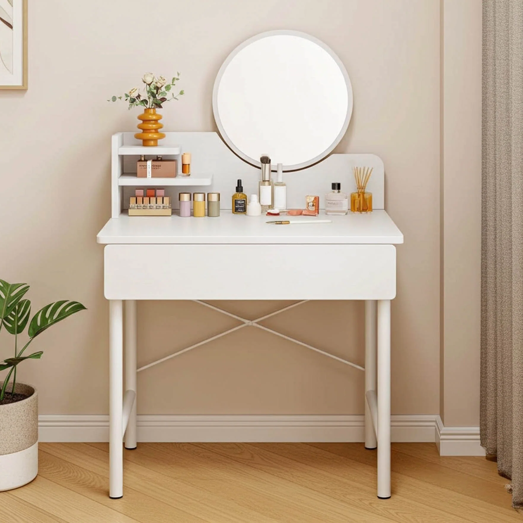 Luxe Dresser Makeup Vanity Dressing Table with Round Mirror Drawer White - Image 14