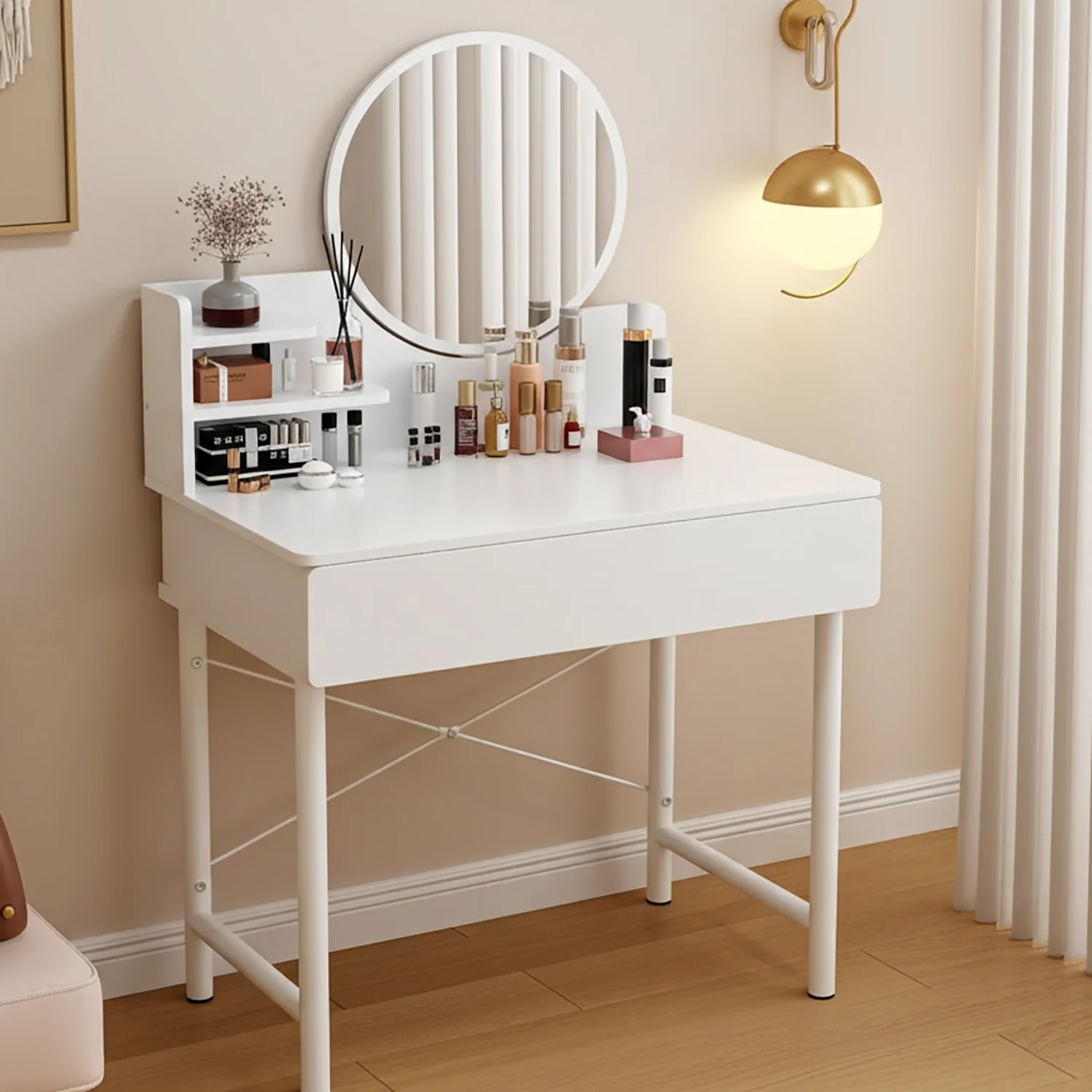 Luxe Dresser Makeup Vanity Dressing Table with Round Mirror Drawer White - Image 16