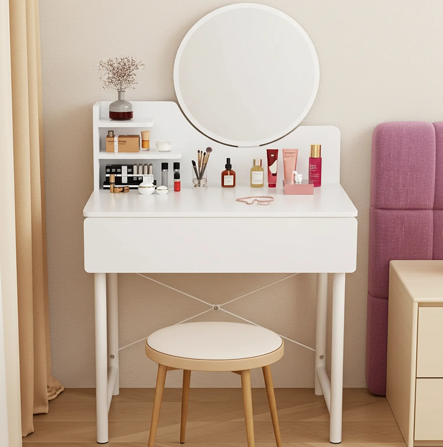 Luxe Dresser Makeup Vanity Dressing Table with Round Mirror Drawer White - Image 18