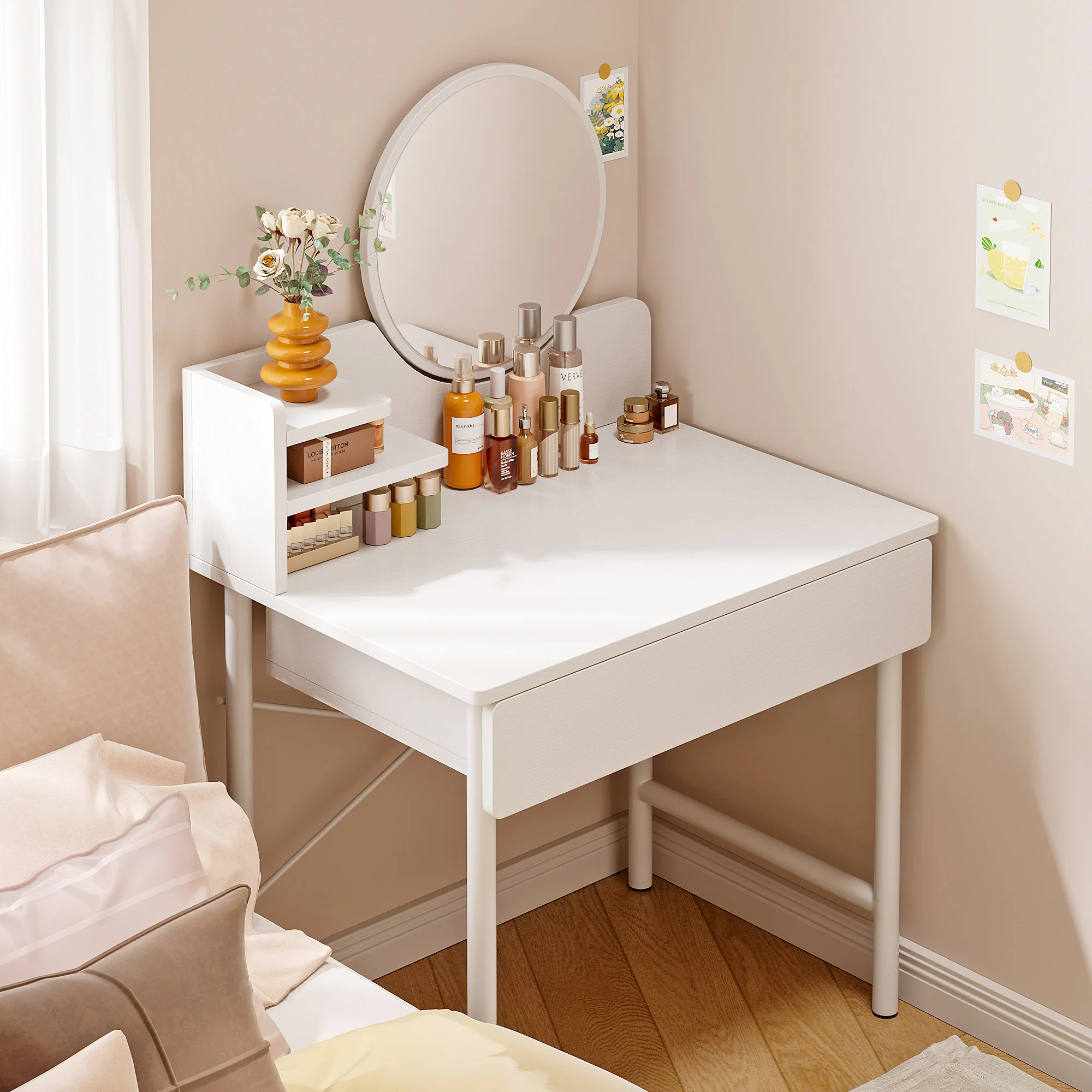 Luxe Dresser Makeup Vanity Dressing Table with Round Mirror Drawer White - Image 6