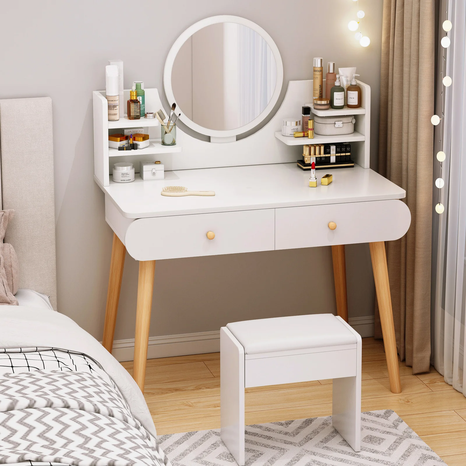 Beauty Dresser Vanity Table with Mirror, Stool and Storage Drawers Set - Image 2