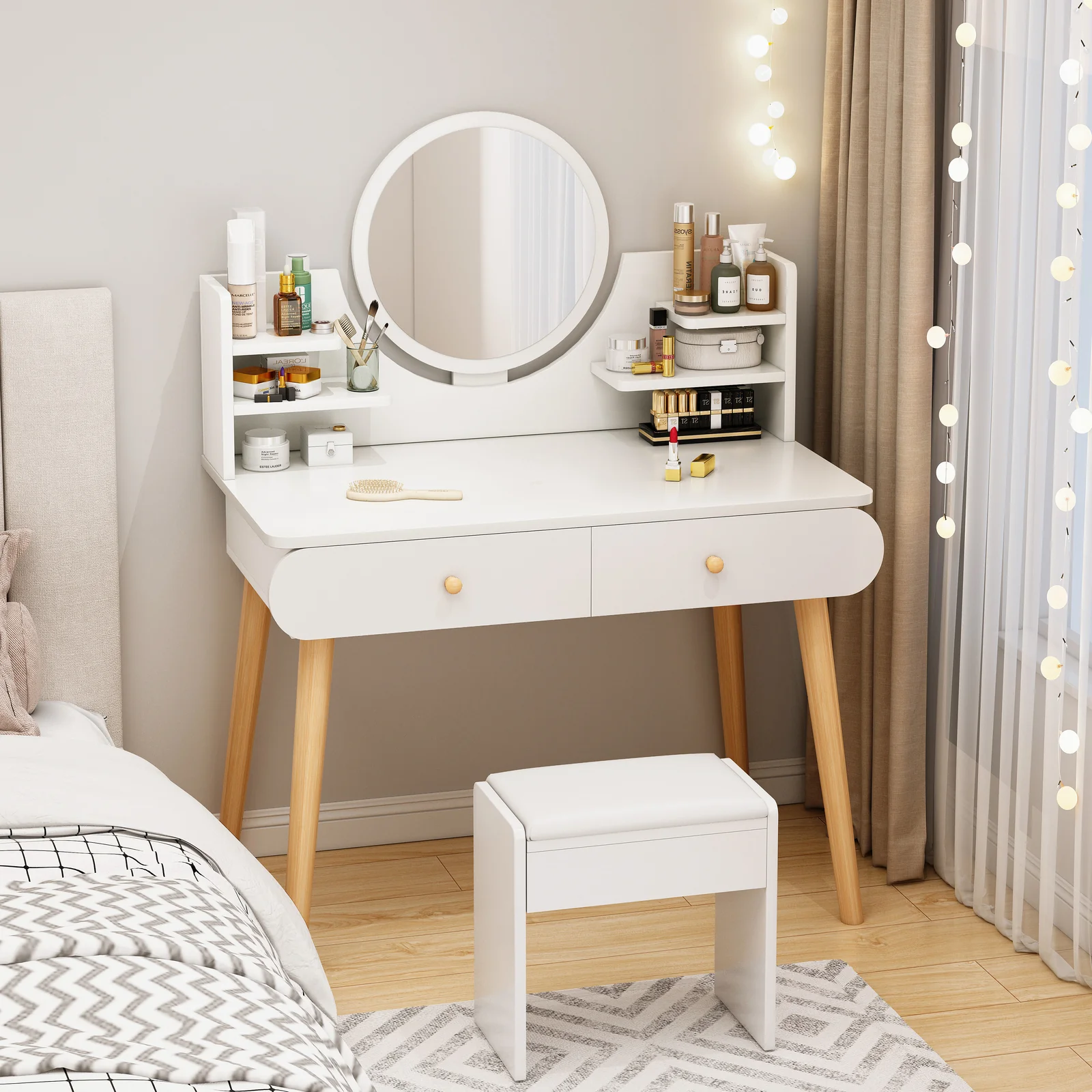 Beauty Dresser Vanity Table with Mirror, Stool and Storage Drawers Set - Image 7