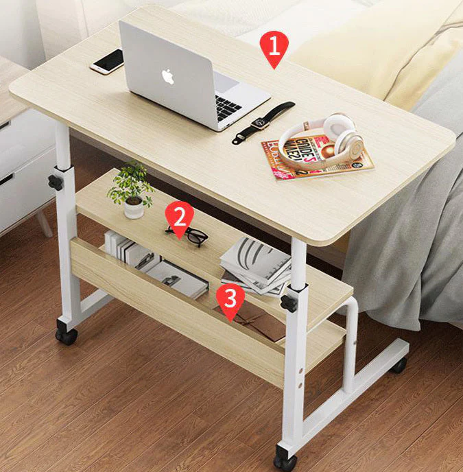 Calibre 2-tier Sofa Bed Side Table Laptop Desk with Shelves and Wheels (Black Multi) - Image 4