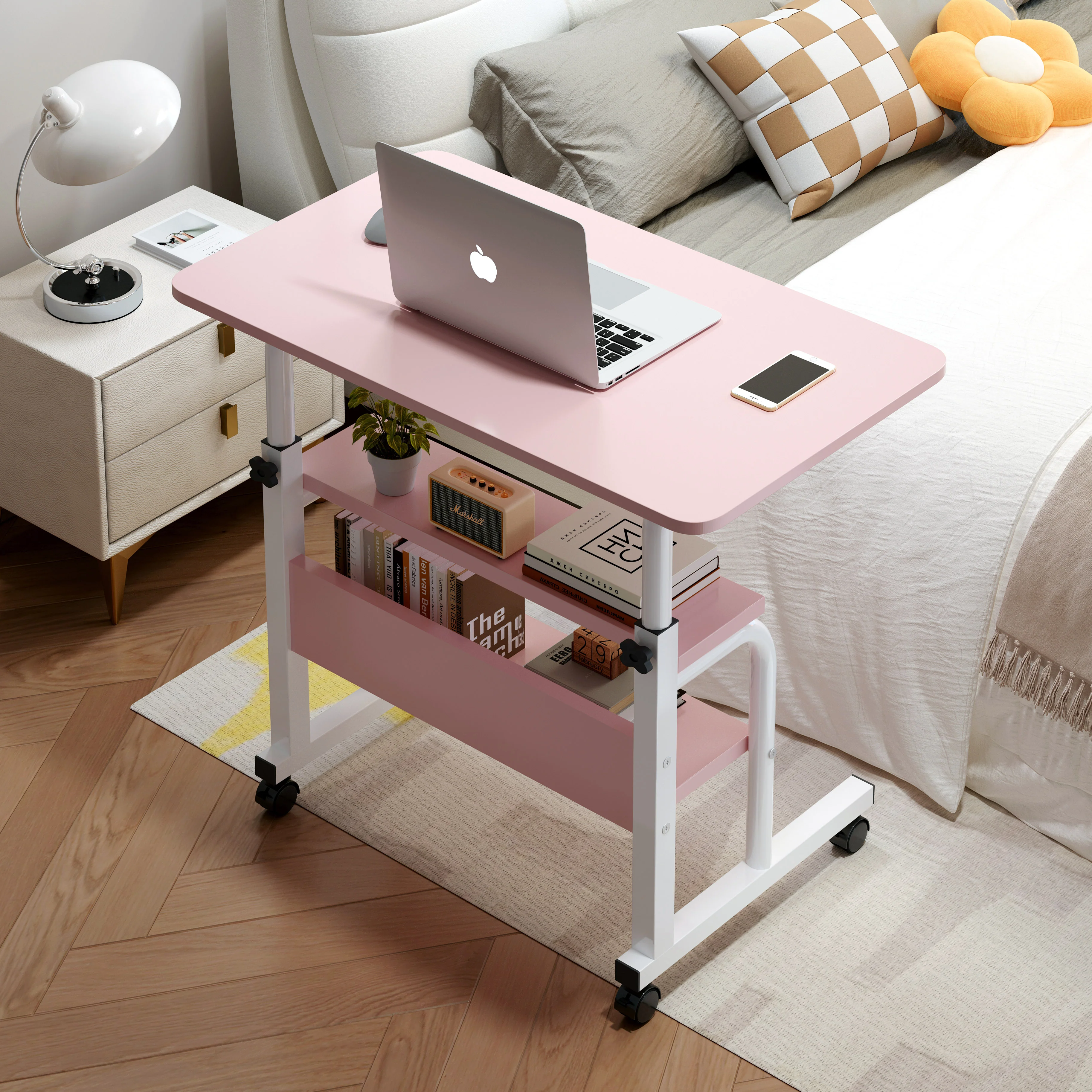 Calibre 2-tier Sofa Bed Side Table Laptop Desk with Shelves and Wheels (Pink) - Image 3