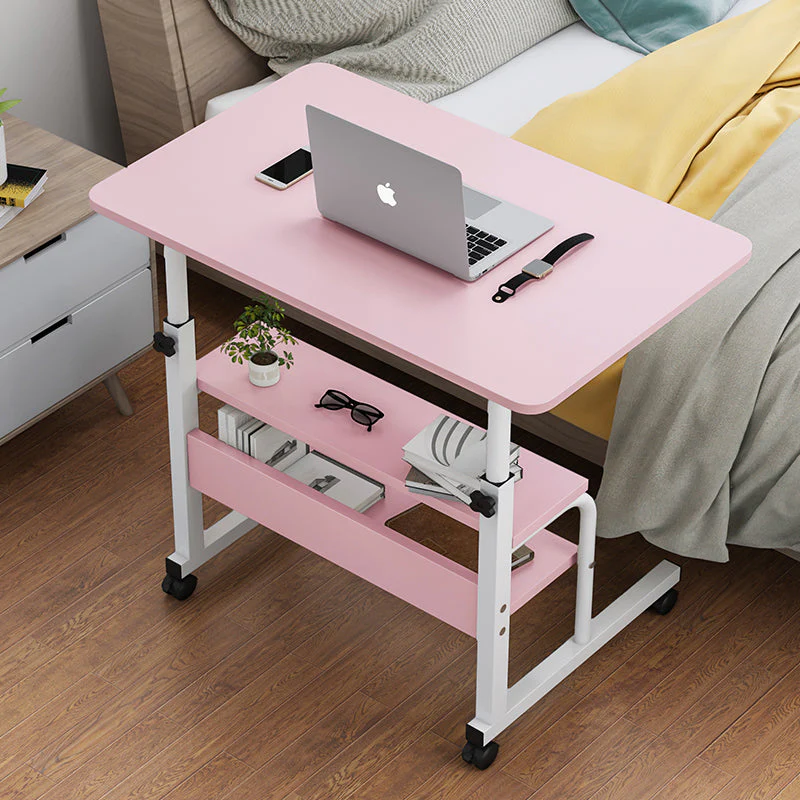 Calibre 2-tier Sofa Bed Side Table Laptop Desk with Shelves and Wheels (Pink) - Image 8