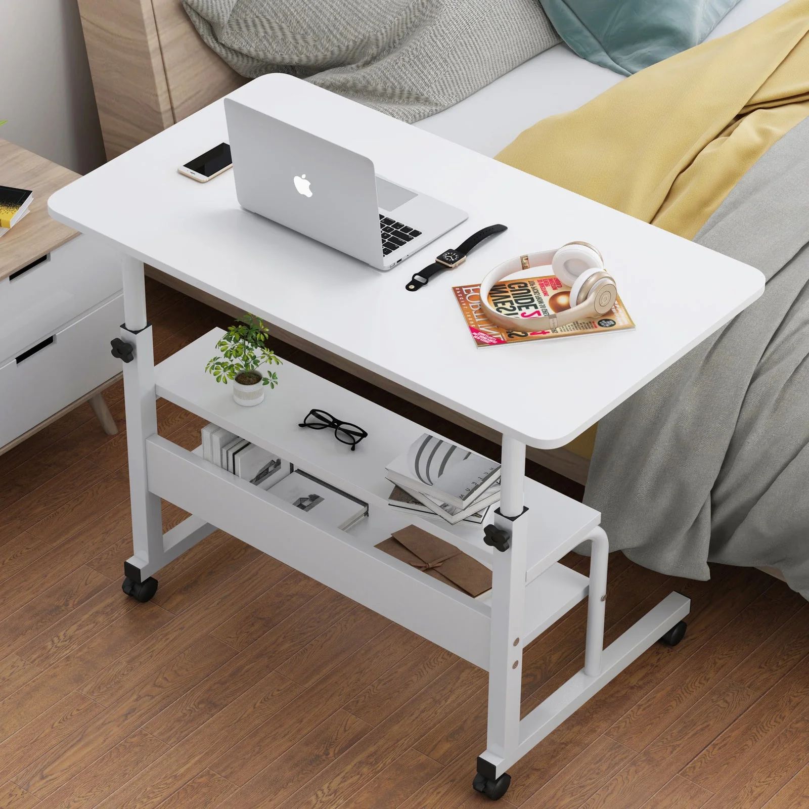 Calibre 2-tier Sofa Bed Side Table Laptop Desk with Shelves and Wheels (White) - Image 2
