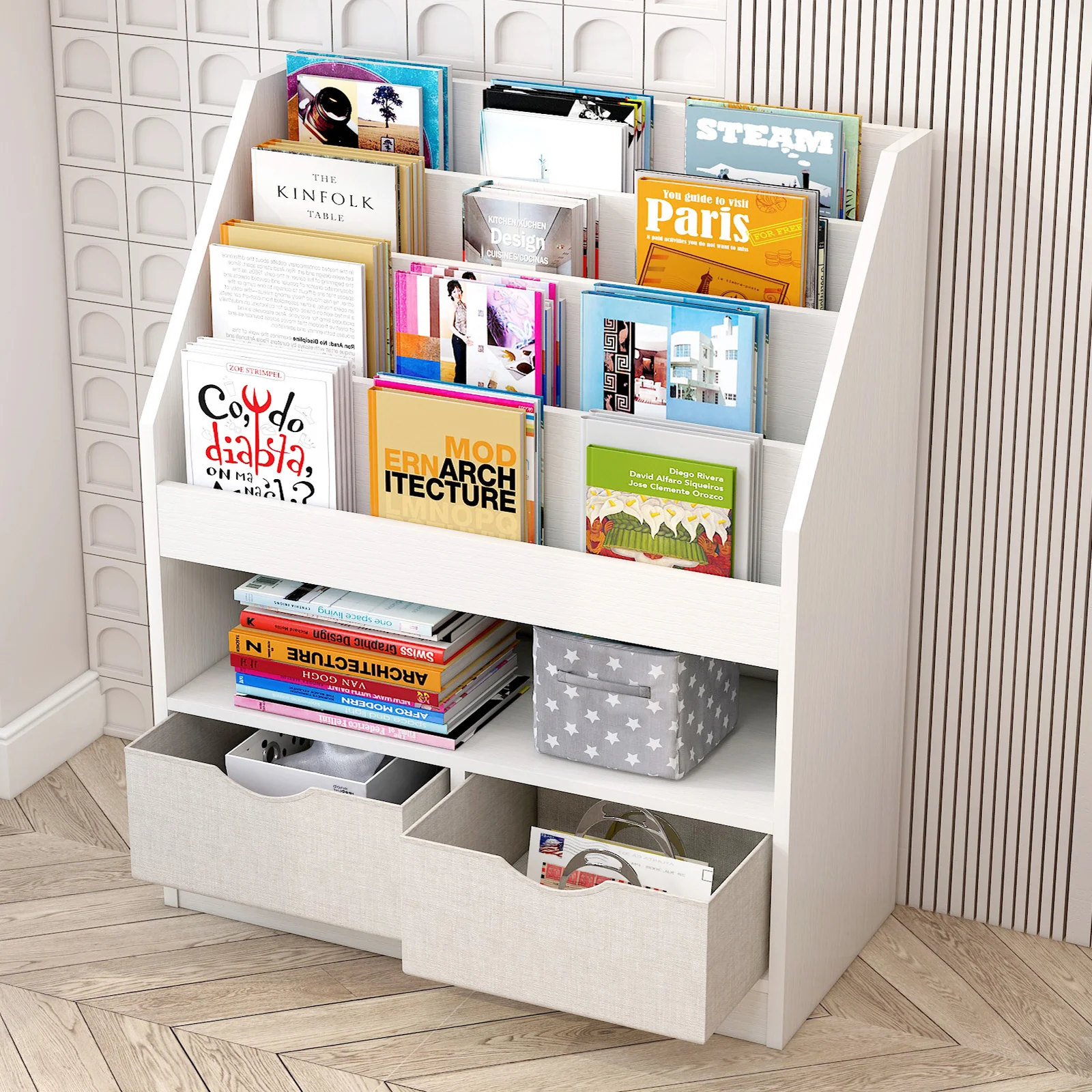 Clover Bookcase Storage Shelf Magazine Rack with Drawers - Image 3