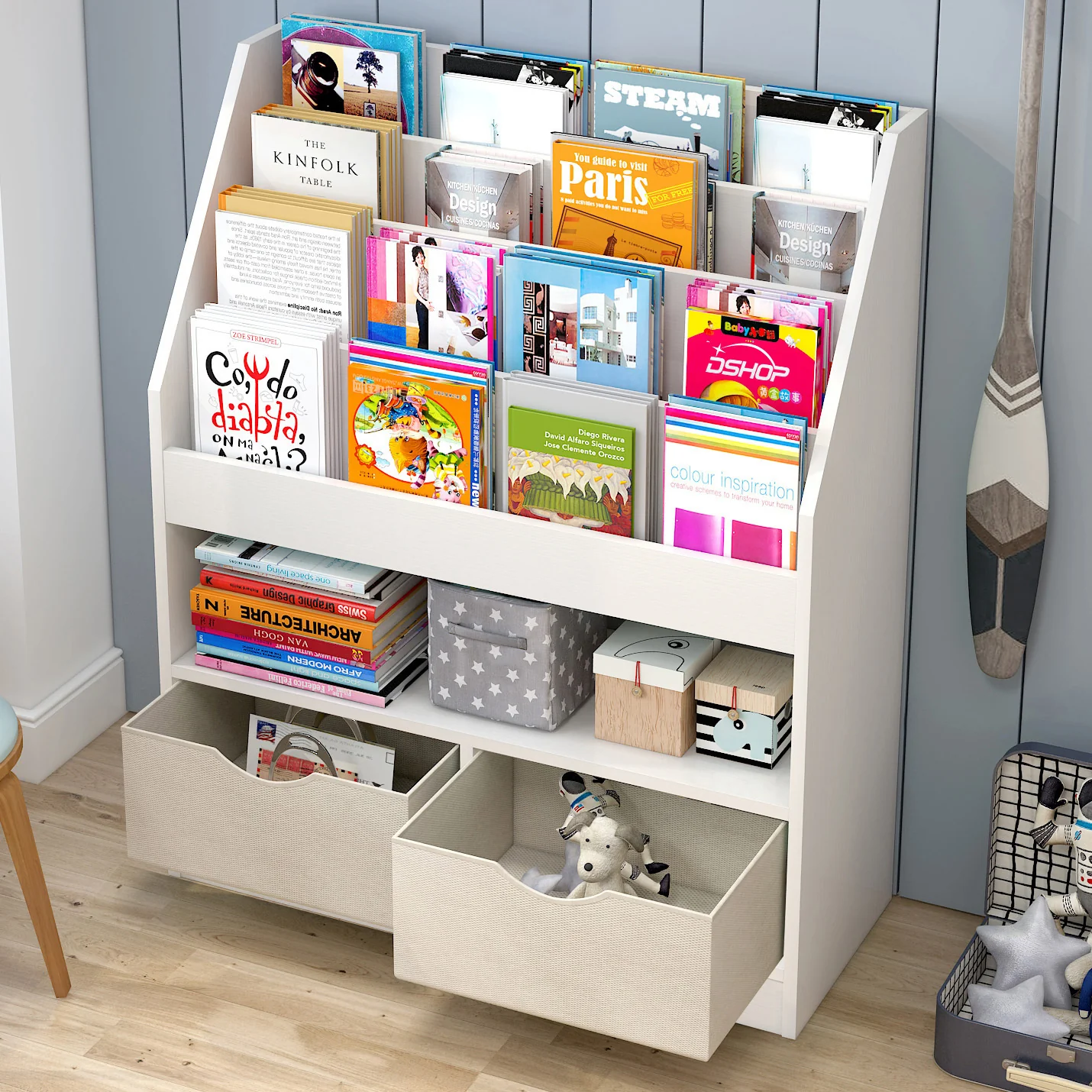 Clover Bookcase Storage Shelf Magazine Rack with Drawers - Image 8