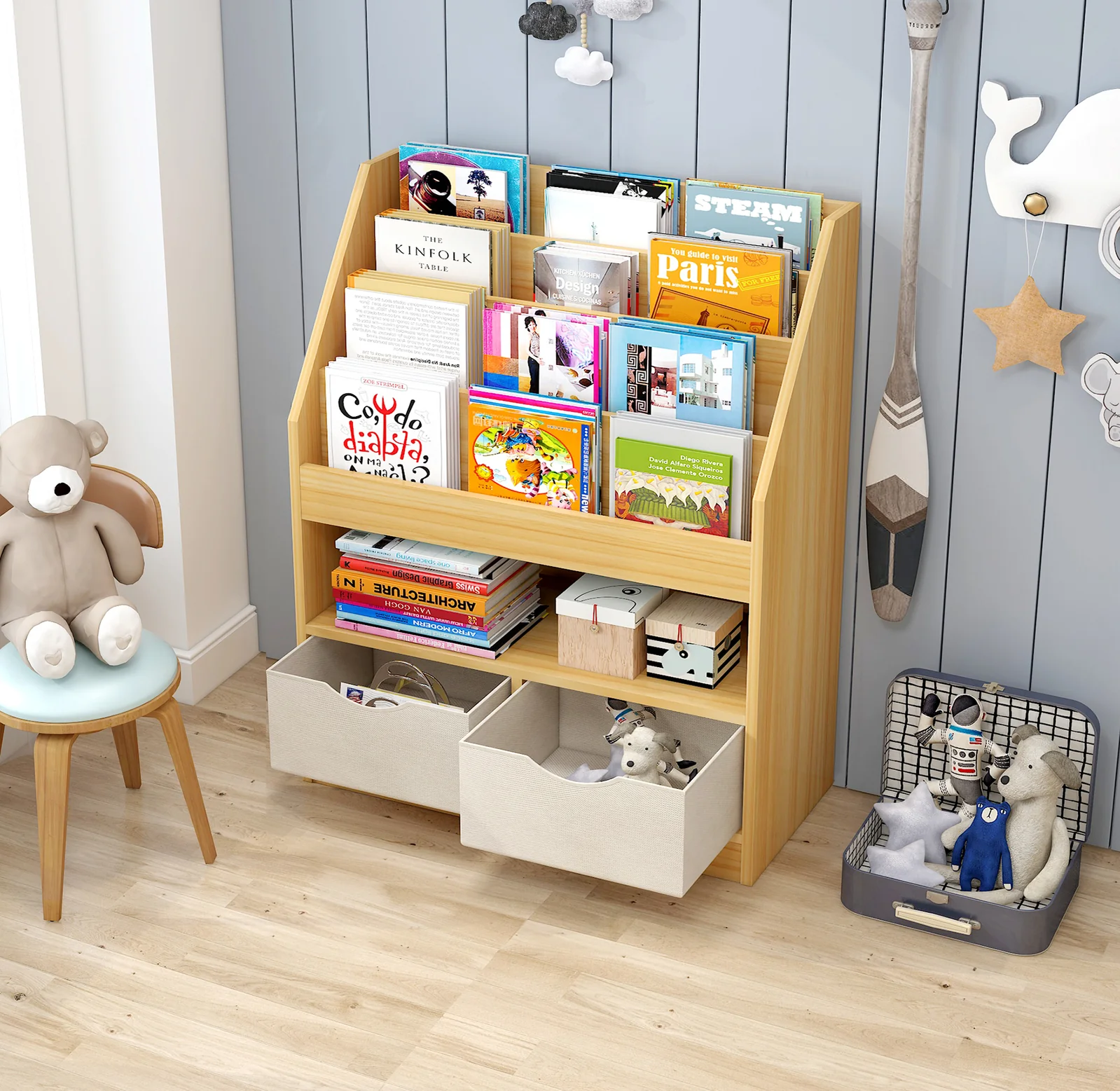 Clover Bookcase Storage Shelf Magazine Rack with Drawers (Oak) - Image 2