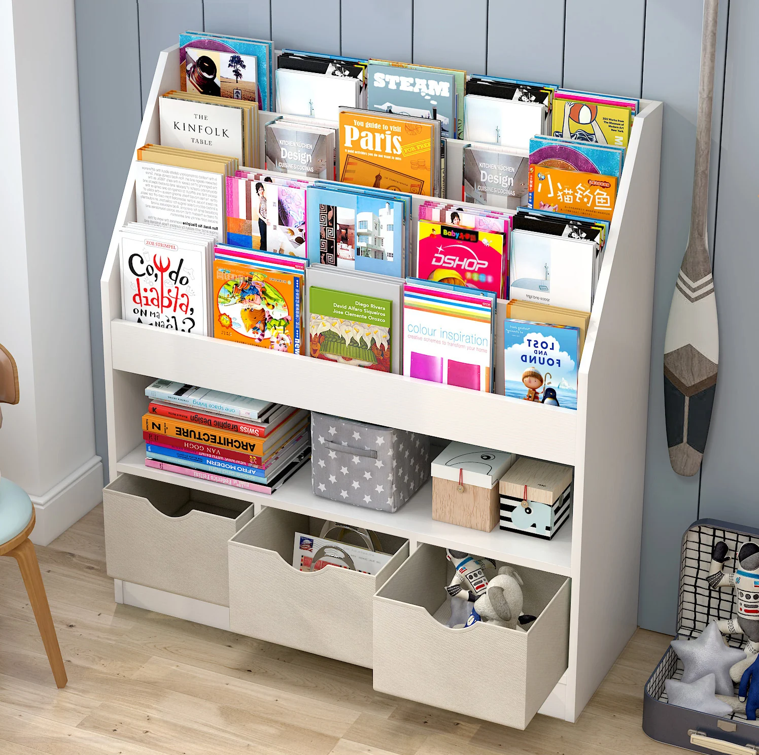 Clover Large Bookcase Storage Shelf Magazine Rack with Drawers - Image 8