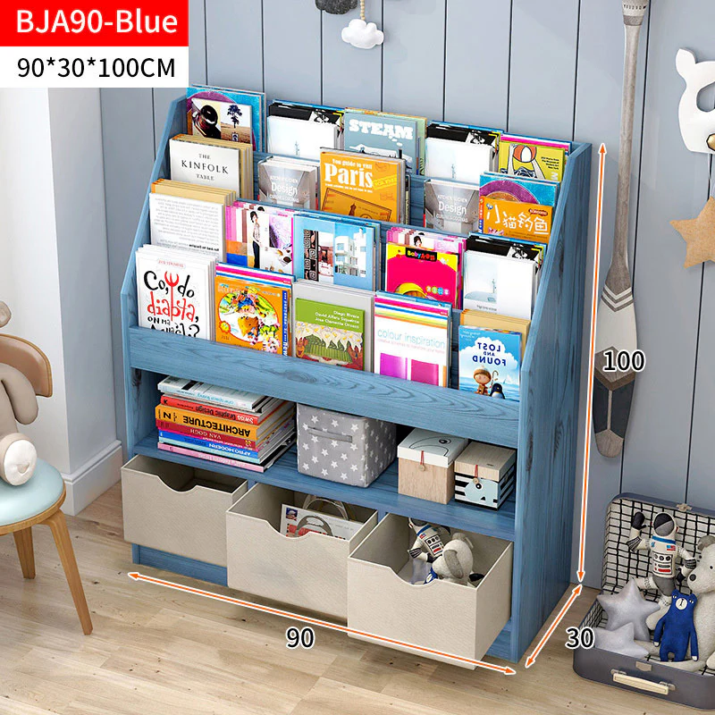 Clover Large Bookcase Storage Shelf Magazine Rack with Drawers (Blue) - Image 3
