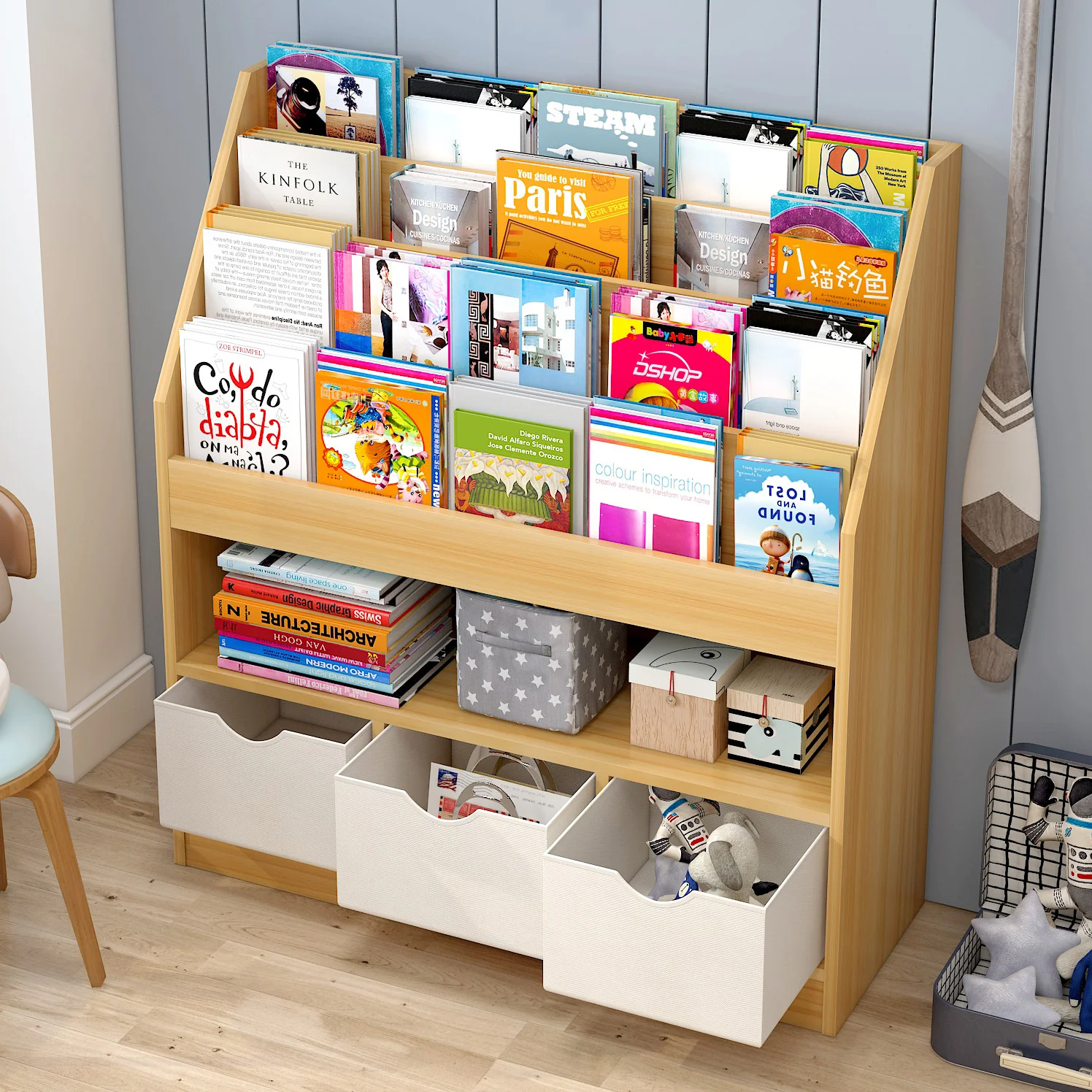 Clover Large Bookcase Storage Shelf Magazine Rack with Drawers (Oak) - Image 7