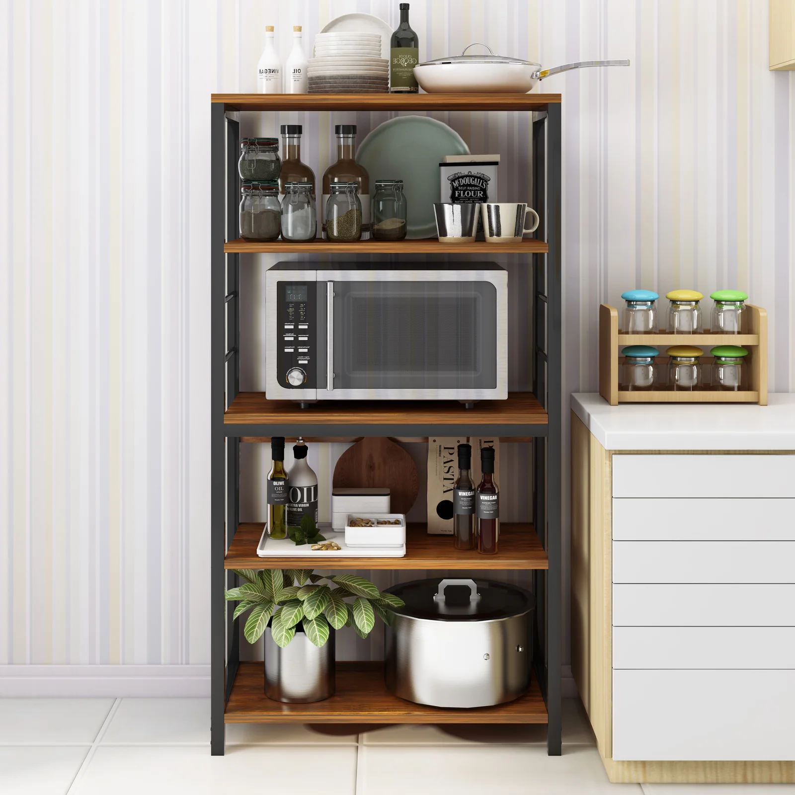 Continental Kitchen Organiser Rack Storage Shelf (Rustic Wood) - Image 3