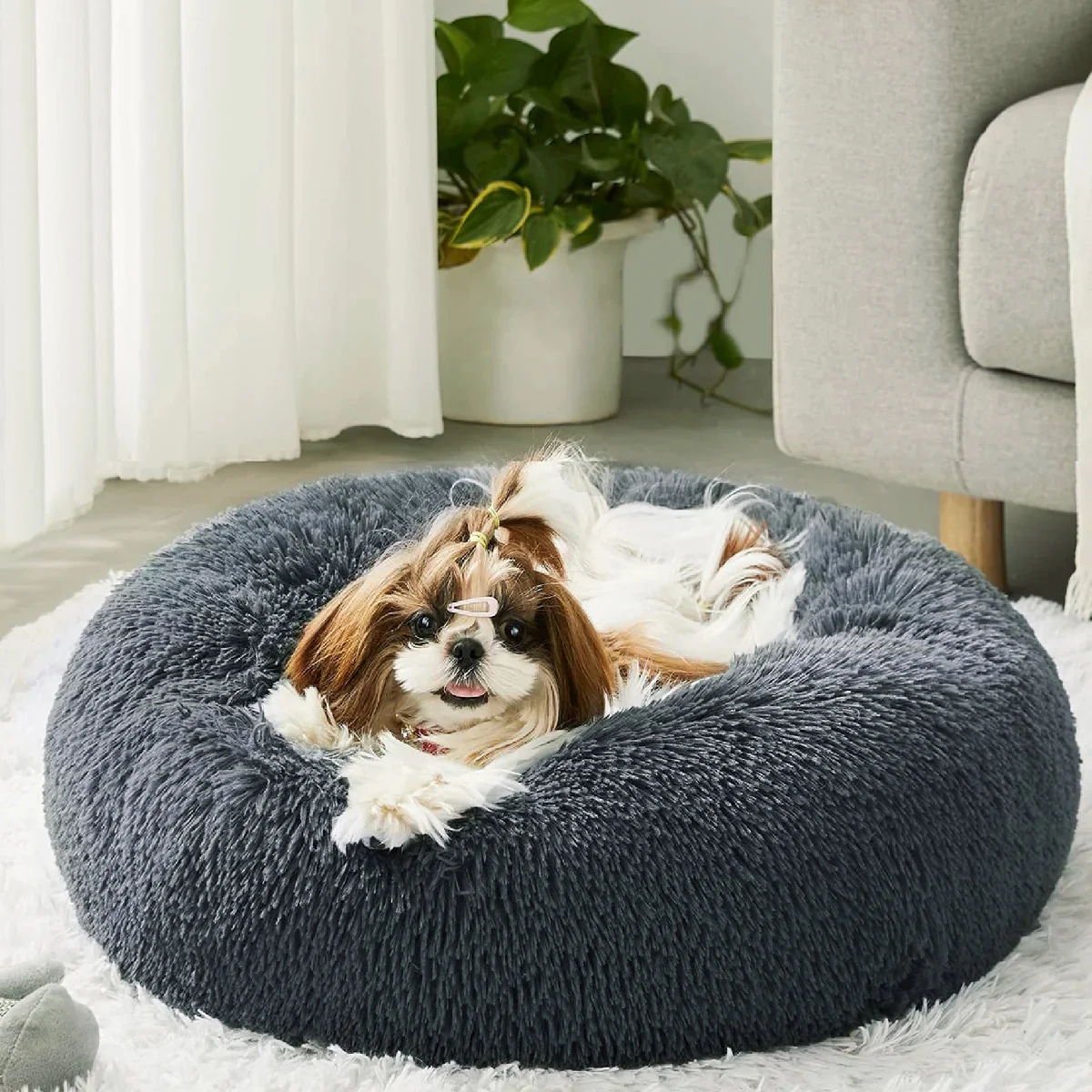 Cozy Plush Soft Fluffy Pet Bed Dog Cat Bed (Dark Grey, 50cm) - Image 7