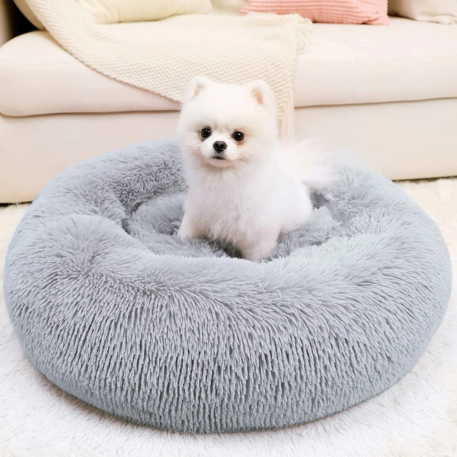 Cozy Plush Soft Fluffy Pet Bed Dog Cat Bed (Light Grey, 60cm) - Image 10