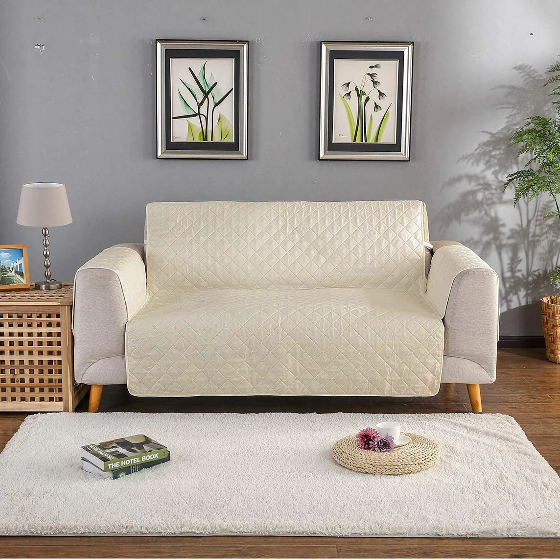 Deluxe 2-Seater Sofa Slipcover Quilted Couch Cover Water Resistant Furniture Protector (Cream) - Image 4
