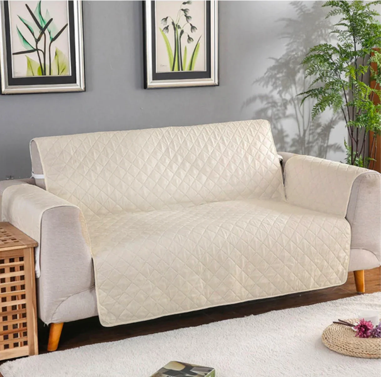 Deluxe 2-Seater Sofa Slipcover Quilted Couch Cover Water Resistant Furniture Protector (Cream) - Image 5