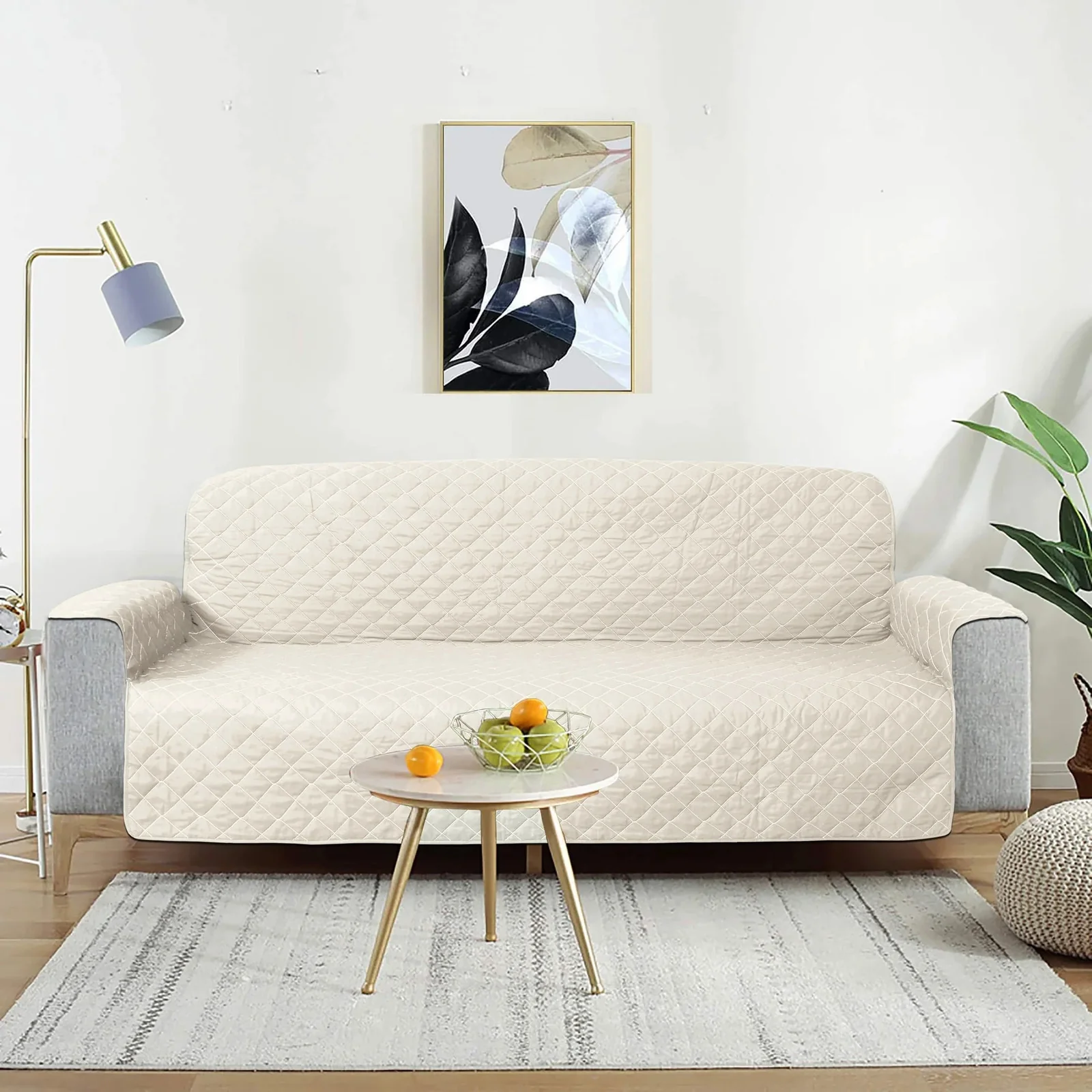 Deluxe 3-Seater Sofa Slipcover Quilted Couch Cover Water Resistant Furniture Protector (Cream) - Image 14
