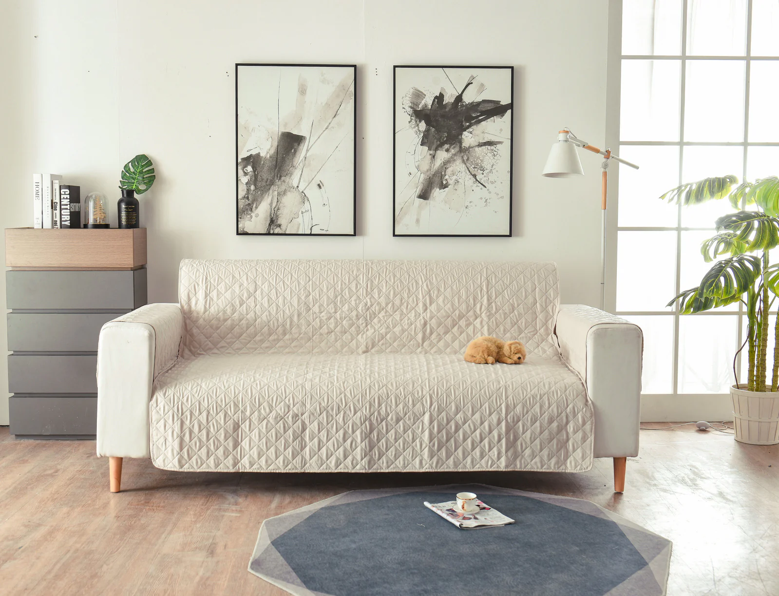 Deluxe 3-Seater Sofa Slipcover Quilted Couch Cover Water Resistant Furniture Protector (Cream) - Image 4