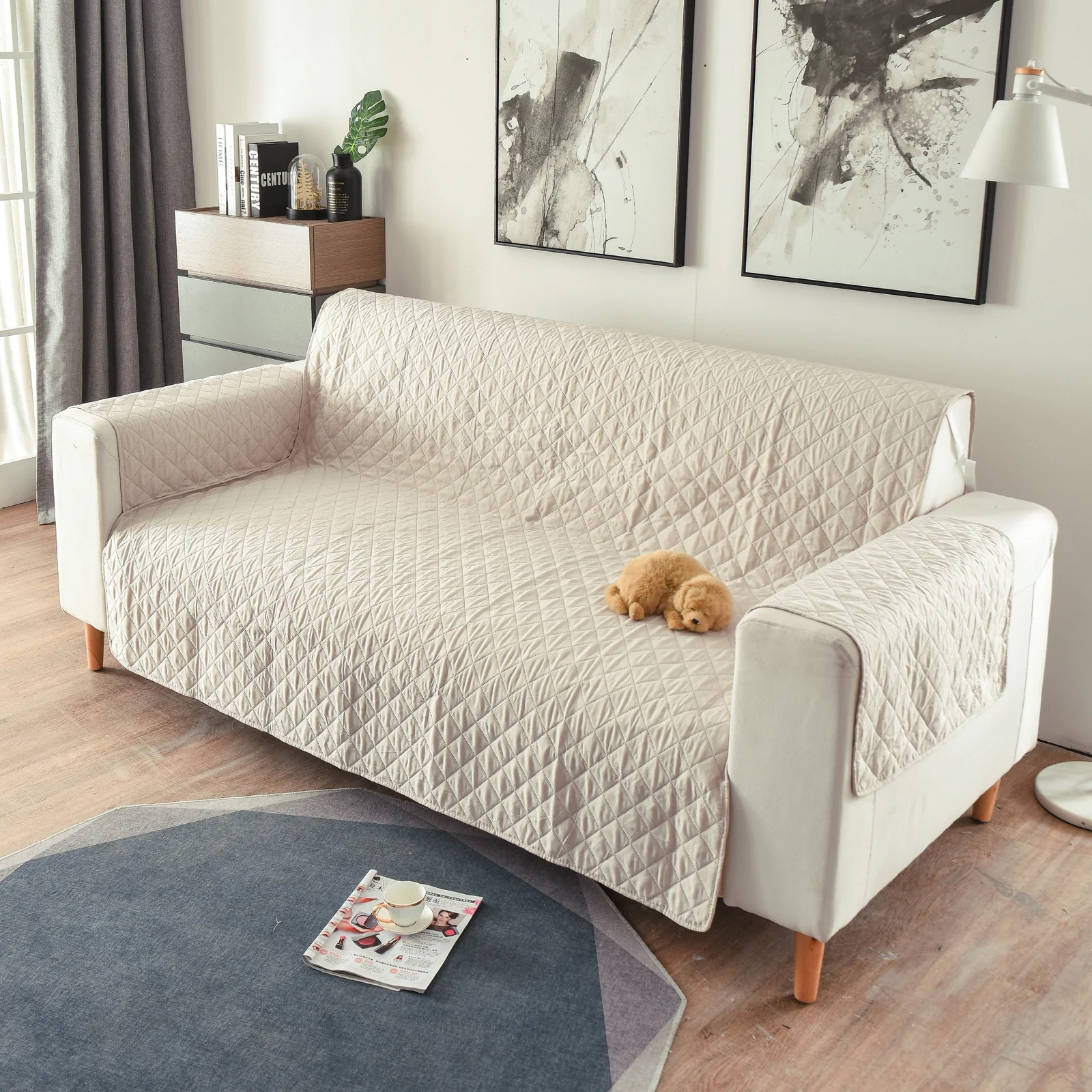 Deluxe 3-Seater Sofa Slipcover Quilted Couch Cover Water Resistant Furniture Protector (Cream) - Image 5
