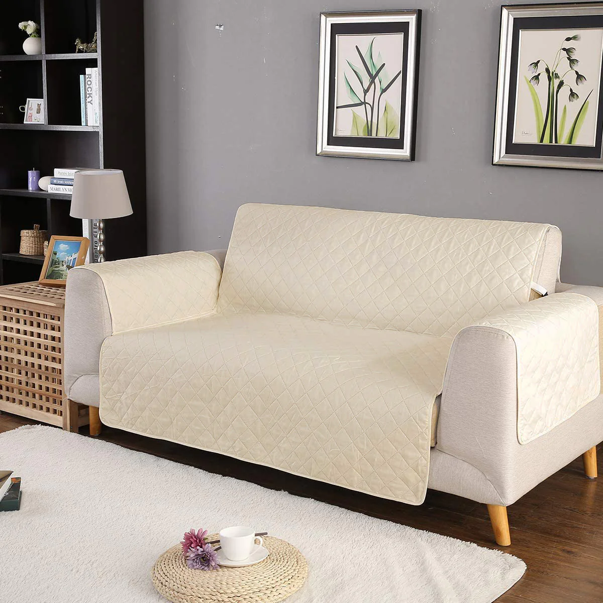 Deluxe 3-Seater Sofa Slipcover Quilted Couch Cover Water Resistant Furniture Protector (Cream) - Image 8