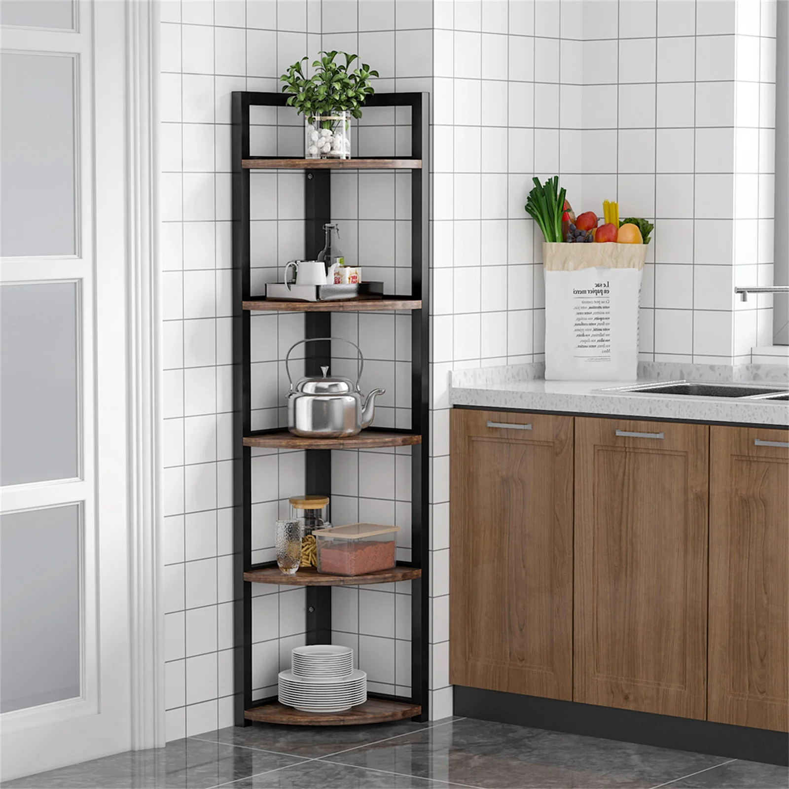 Optima 5 Tier Rustic Wood & Steel Corner Shelf Organizer Unit - Image 15