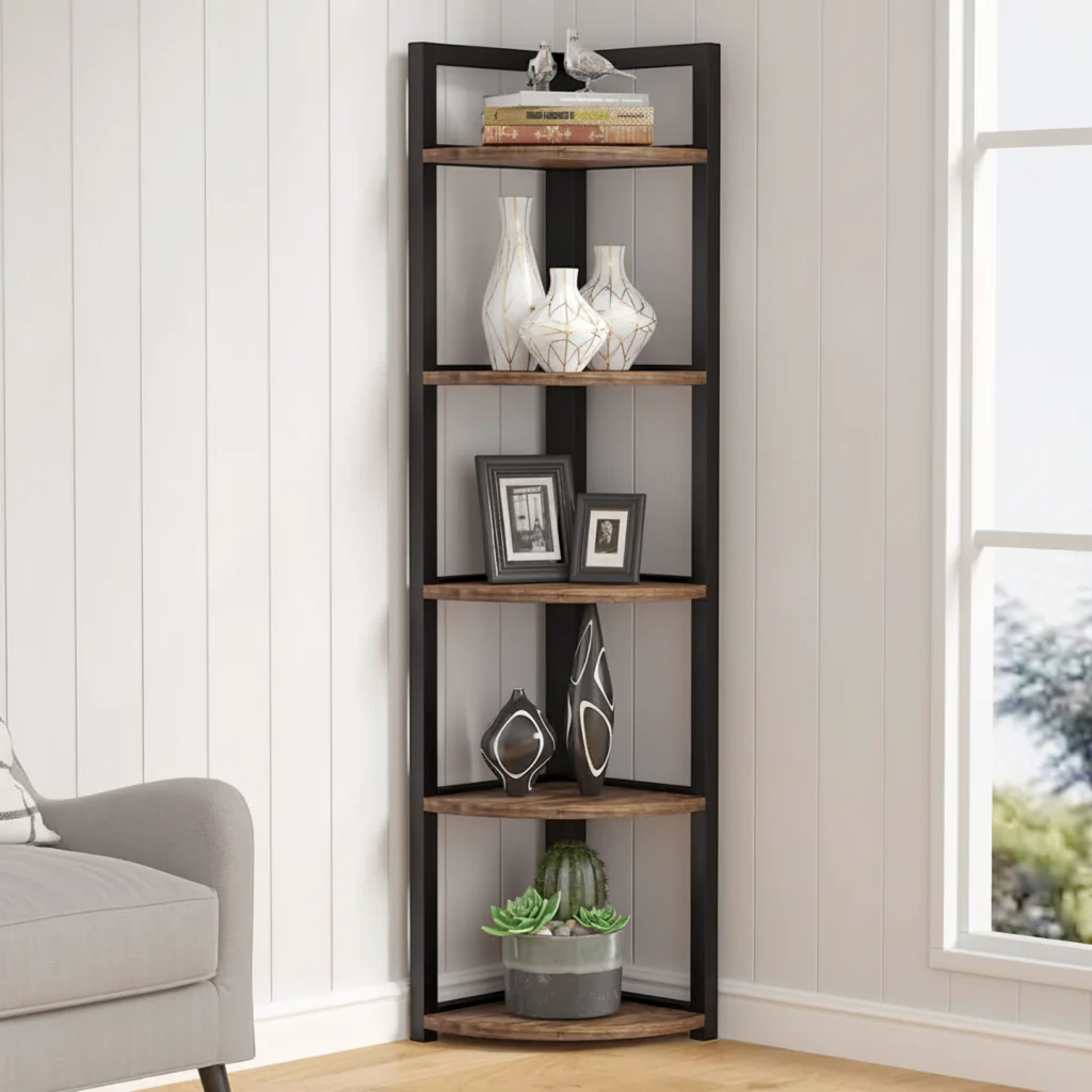 Optima 5 Tier Rustic Wood & Steel Corner Shelf Organizer Unit - Image 2
