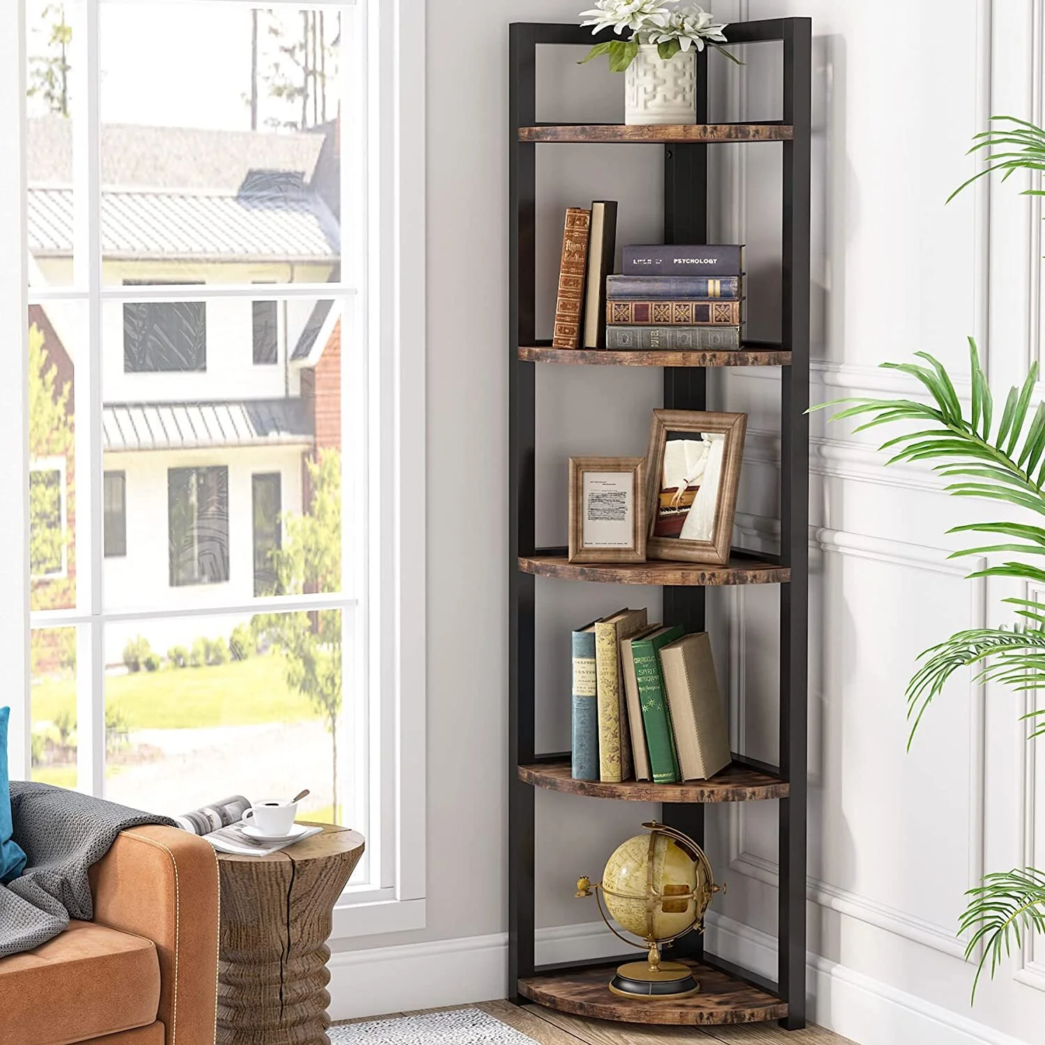 Optima 5 Tier Rustic Wood & Steel Corner Shelf Organizer Unit - Image 4
