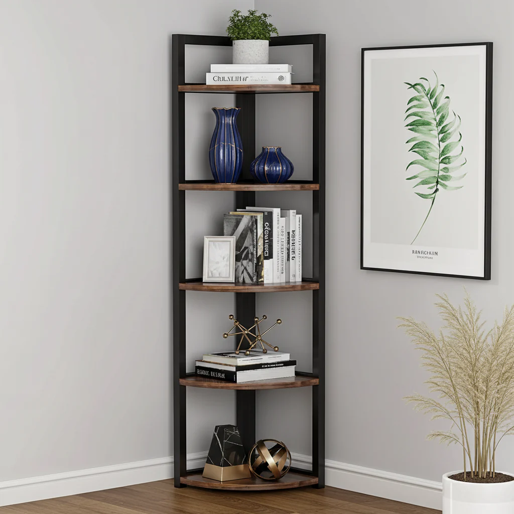 Optima 5 Tier Rustic Wood & Steel Corner Shelf Organizer Unit - Image 7