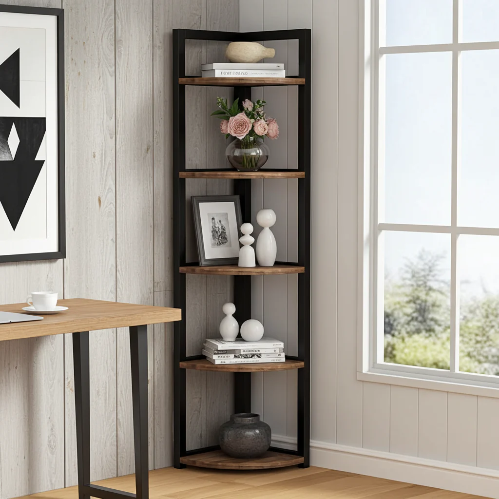 Optima 5 Tier Rustic Wood & Steel Corner Shelf Organizer Unit - Image 8