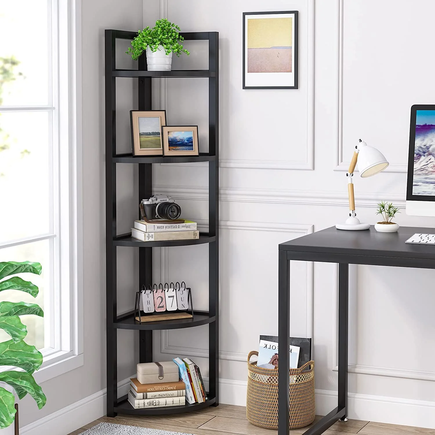 Optima 5 Tier Wood & Steel Corner Shelf Organizer Unit (Black) - Image 2