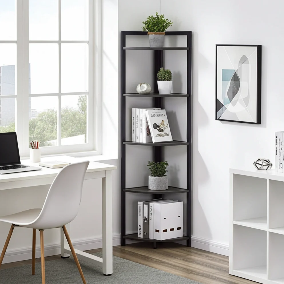 Optima 5 Tier Wood & Steel Corner Shelf Organizer Unit (Black) - Image 4