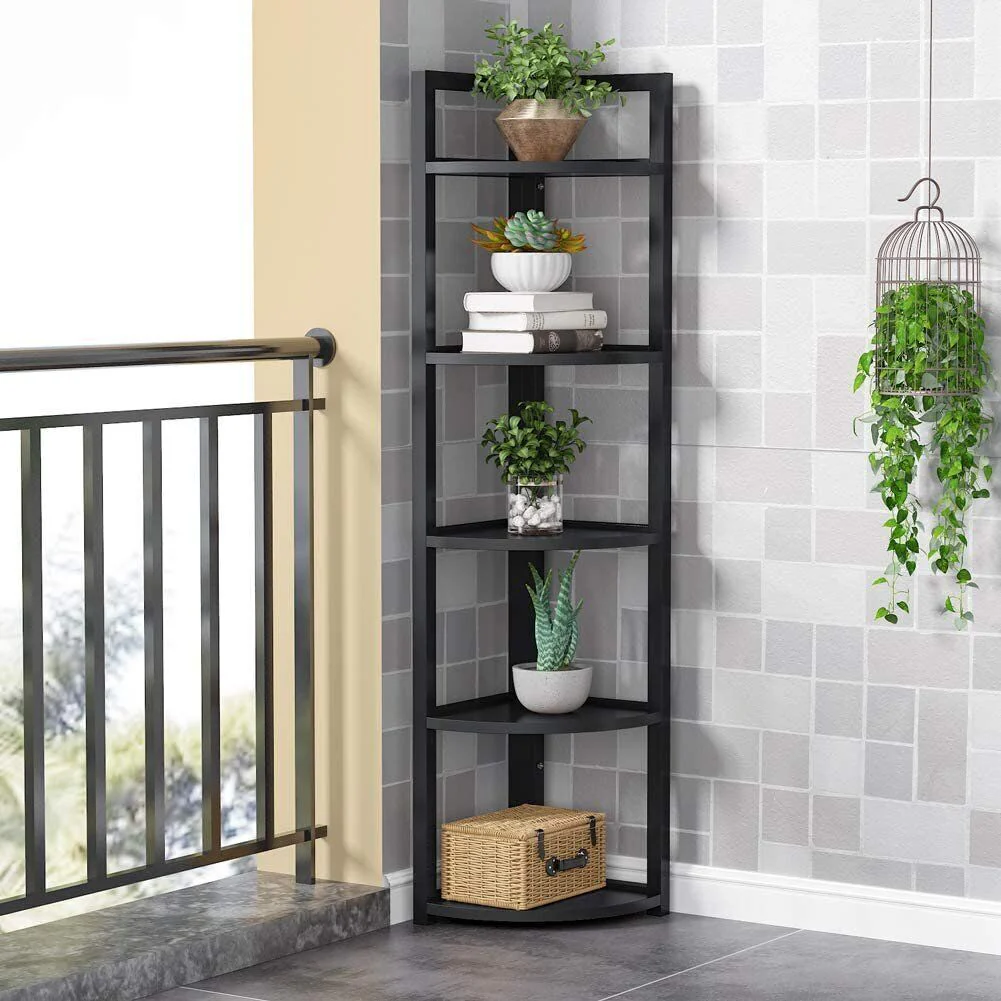 Optima 5 Tier Wood & Steel Corner Shelf Organizer Unit (Black) - Image 9