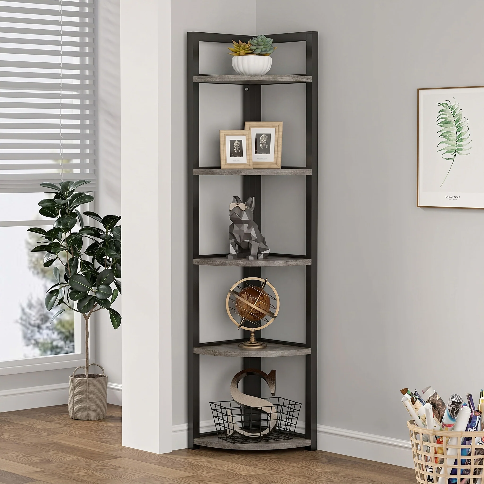 Optima 5 Tier Wood & Steel Corner Shelf Organizer Unit (Rustic Grey)