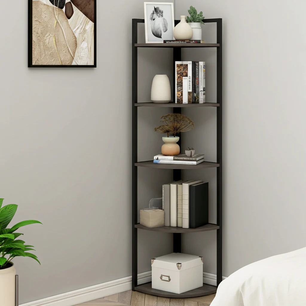 Optima 5 Tier Wood & Steel Corner Shelf Organizer Unit (Rustic Grey) - Image 11