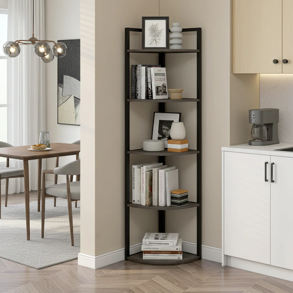 Optima 5 Tier Wood & Steel Corner Shelf Organizer Unit (Rustic Grey) - Image 12