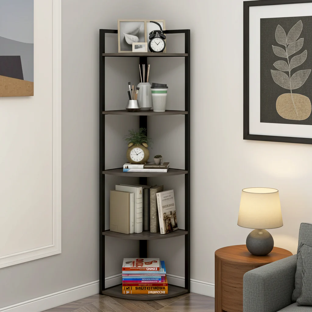 Optima 5 Tier Wood & Steel Corner Shelf Organizer Unit (Rustic Grey) - Image 13