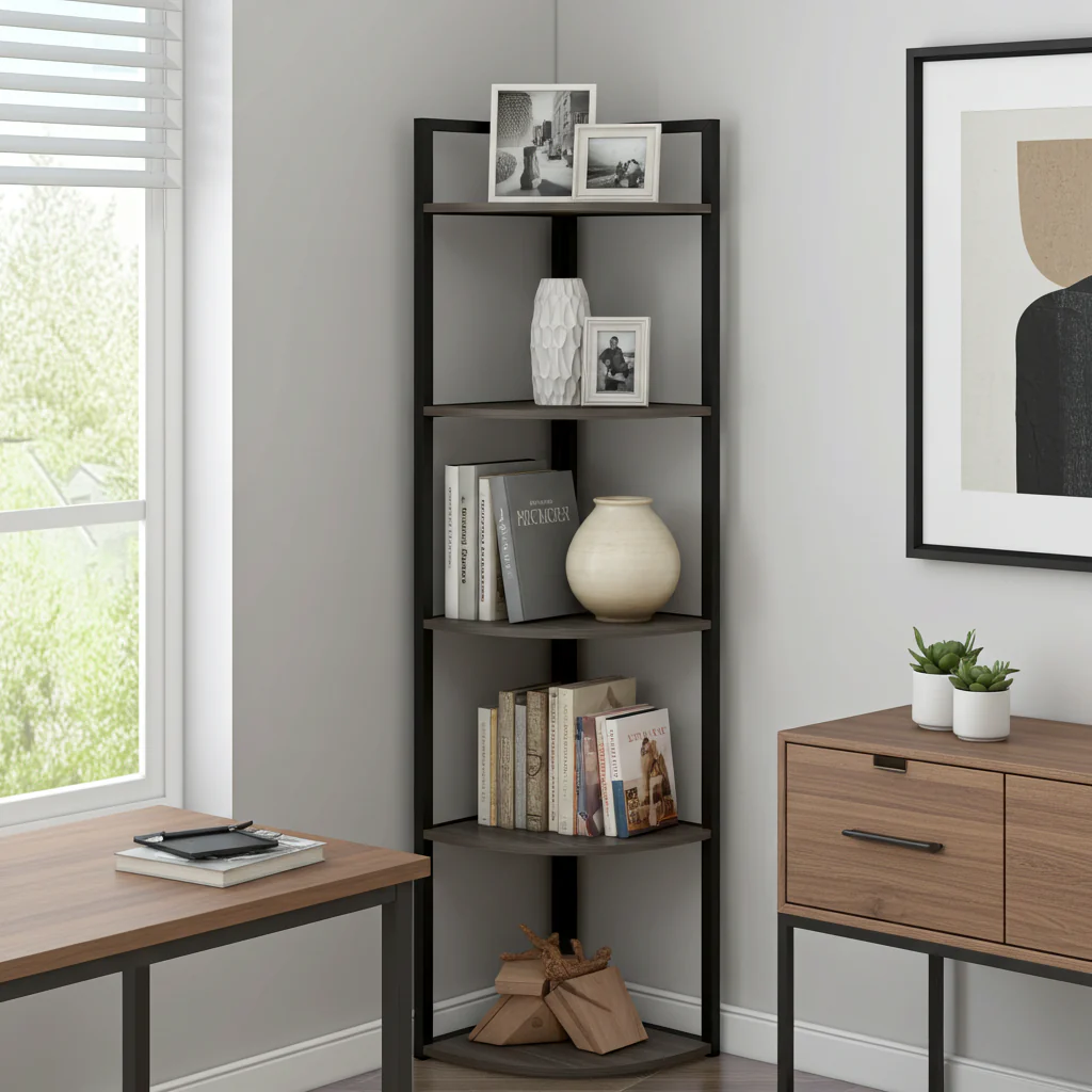 Optima 5 Tier Wood & Steel Corner Shelf Organizer Unit (Rustic Grey) - Image 15